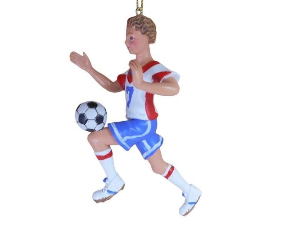 Silver Tree Ornament Male Soccer Player Christmas Red White Blue